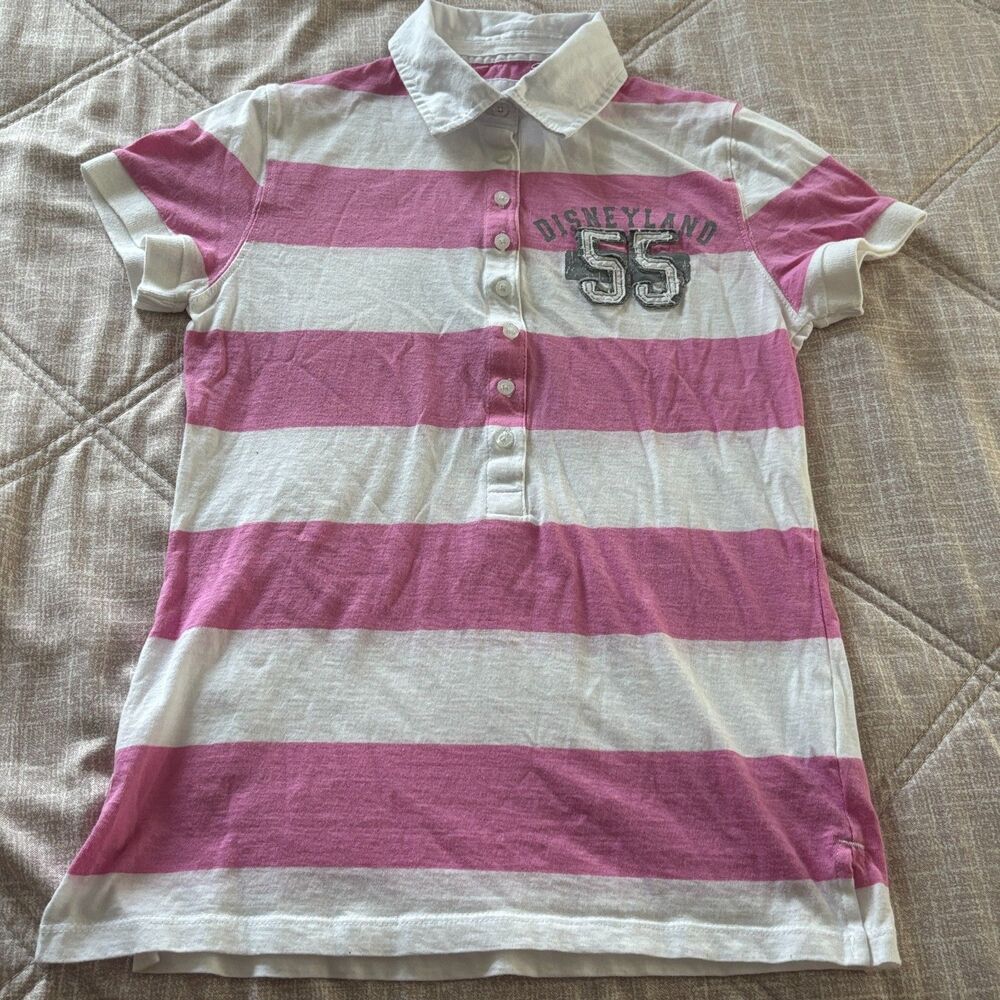 Disneyland Resort Pink & White Striped Mickey Mouse Polo Shirt Youth Size S